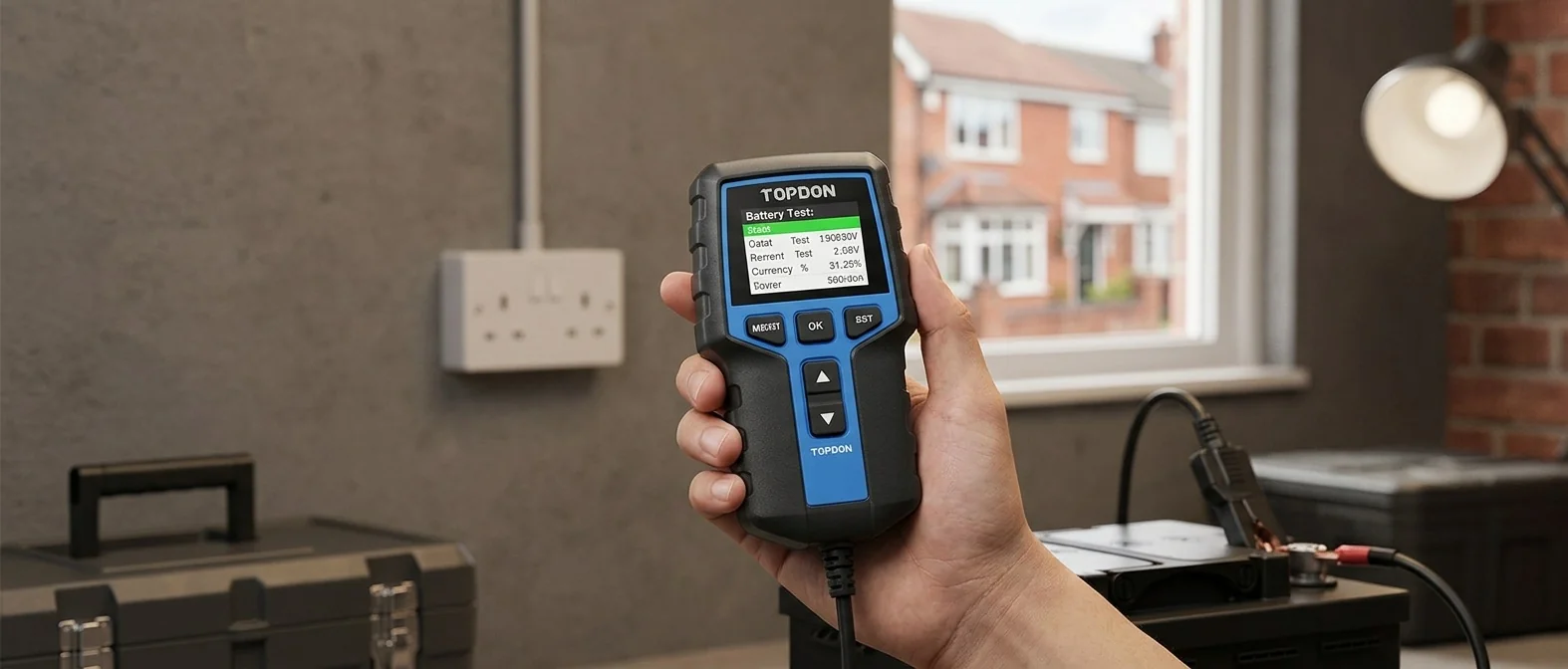 UK driver checking car battery health in driveway