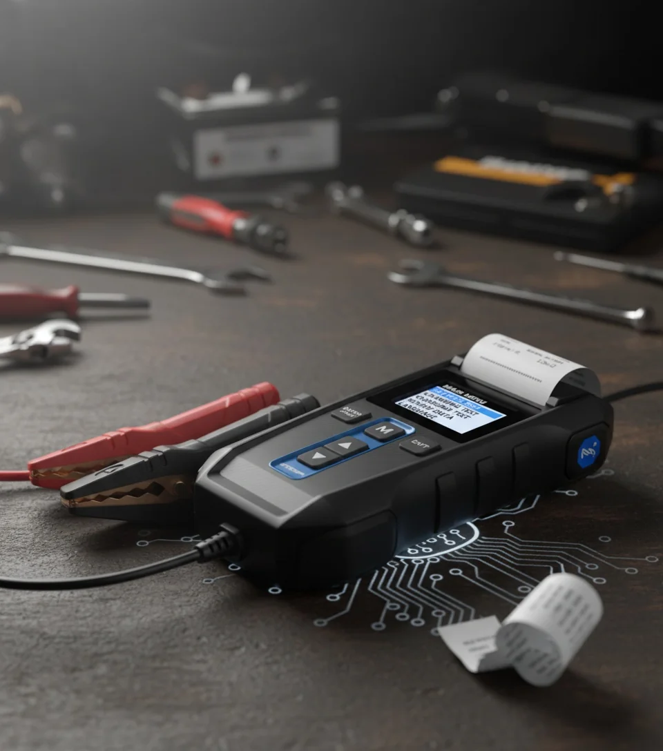 Connecting battery tester clamps to a 12V car battery.