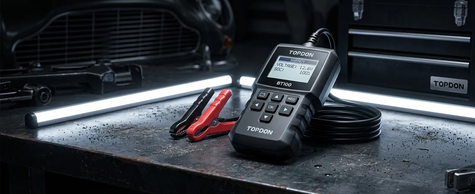 TOPDON battery tester in a real-world automotive workshop setting.