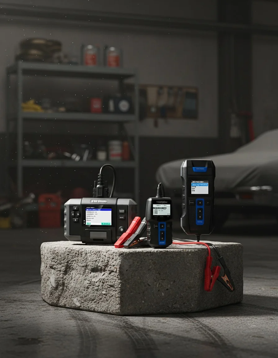 A technician reviewing battery test results on a TOPDON device.