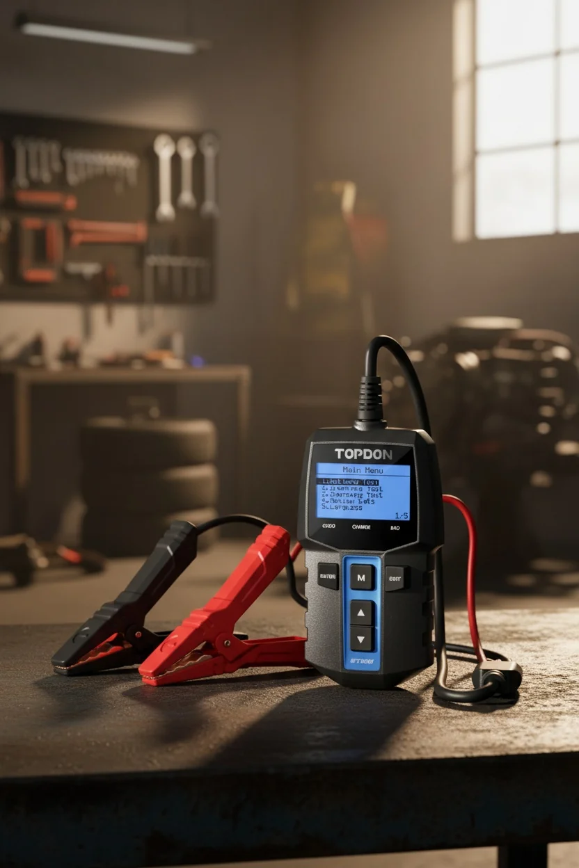 Detailed view of digital car battery tester interface