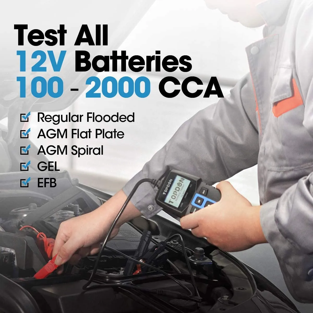 TOPDON 12V battery tester being used in a UK car workshop