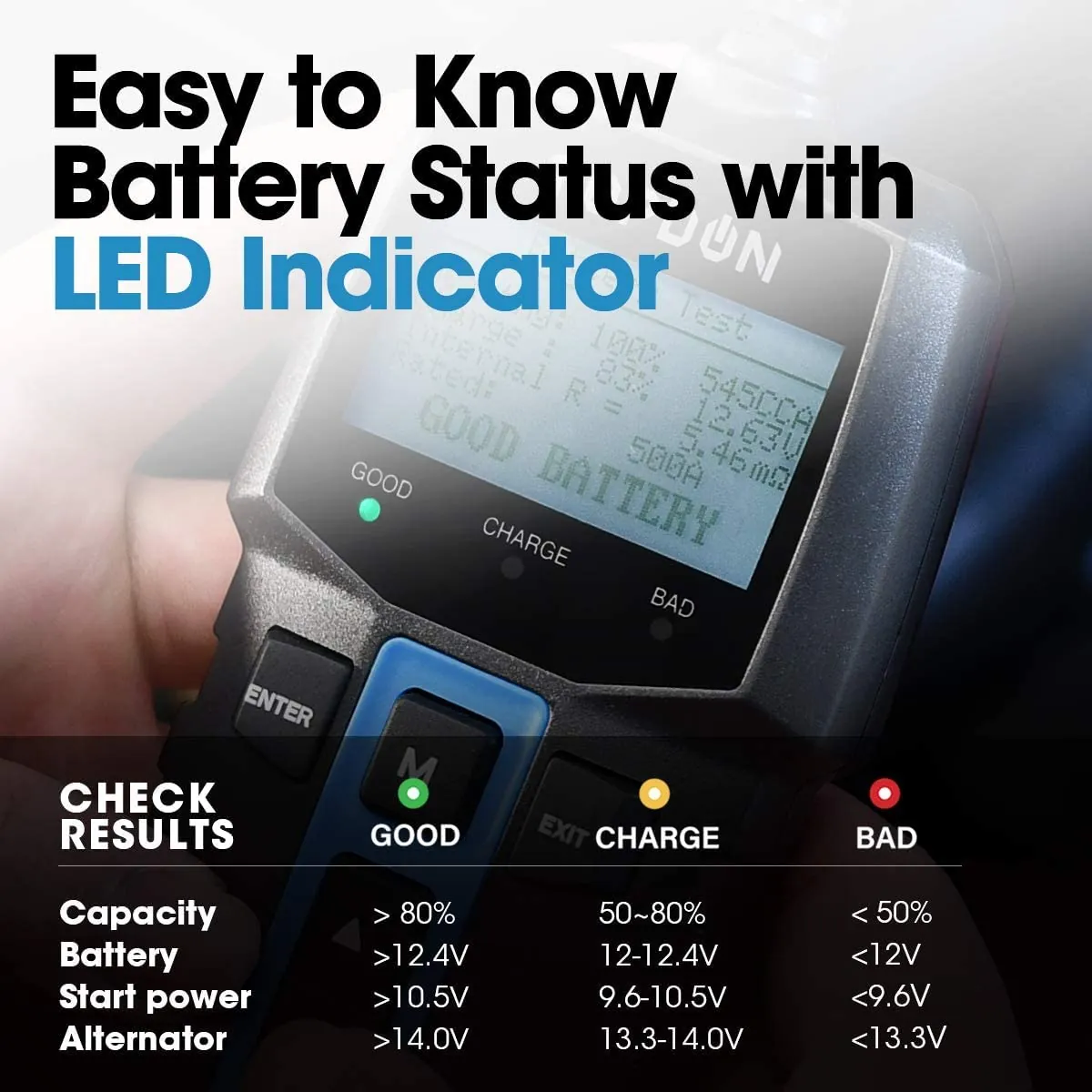 Close-up of a battery tester showing key features and interface.