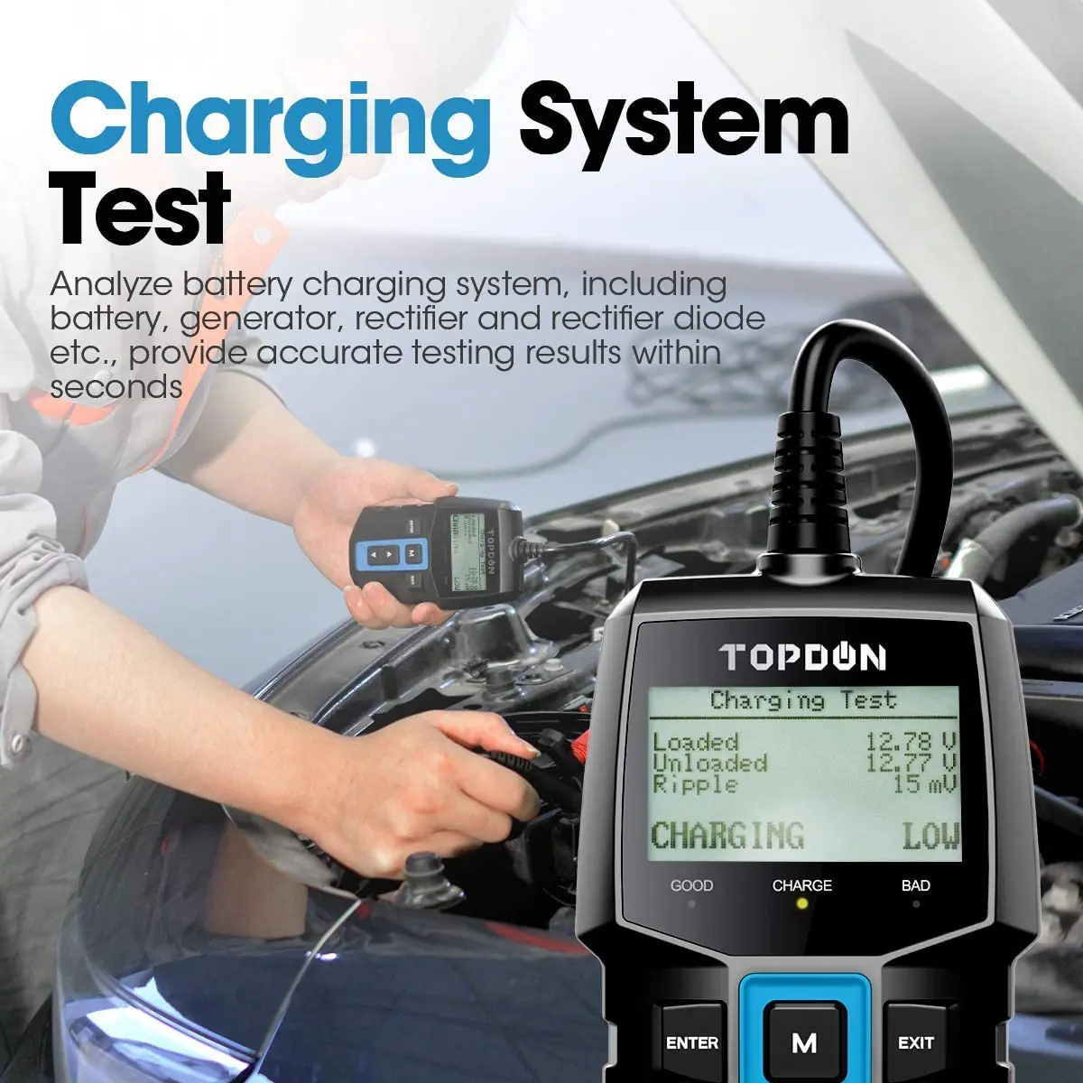 TOPDON battery tester comparison showing compact design.