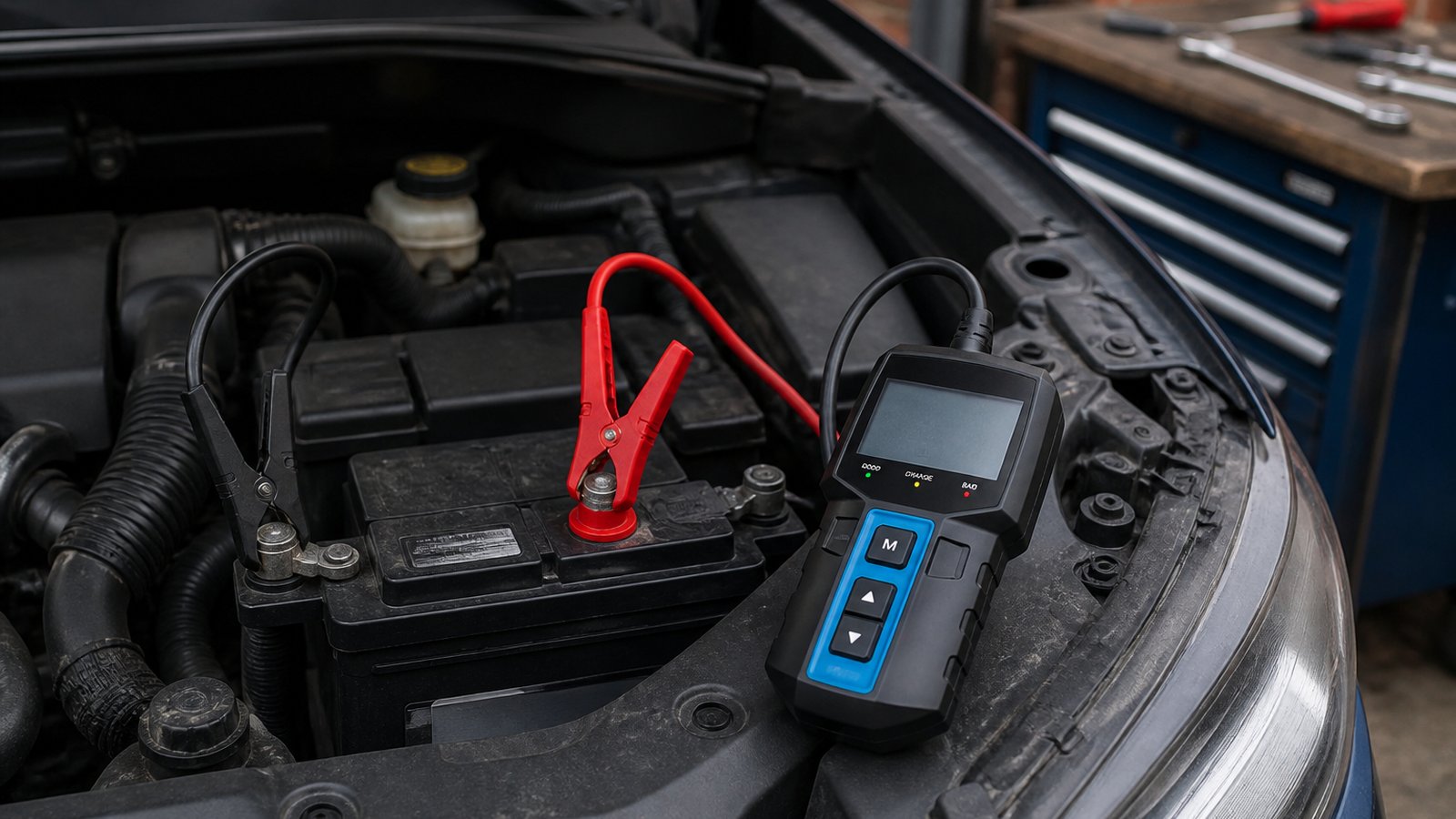 Analyser clamped for a charging-system check under a bonnet