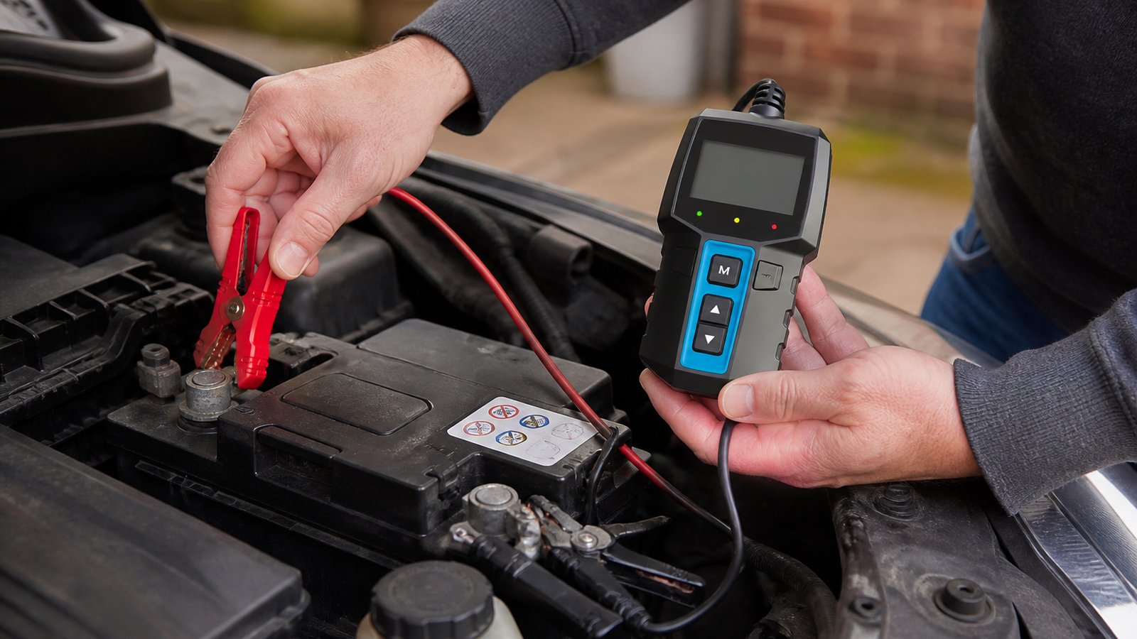 Handheld twelve-volt battery analyser in a UK garage scene