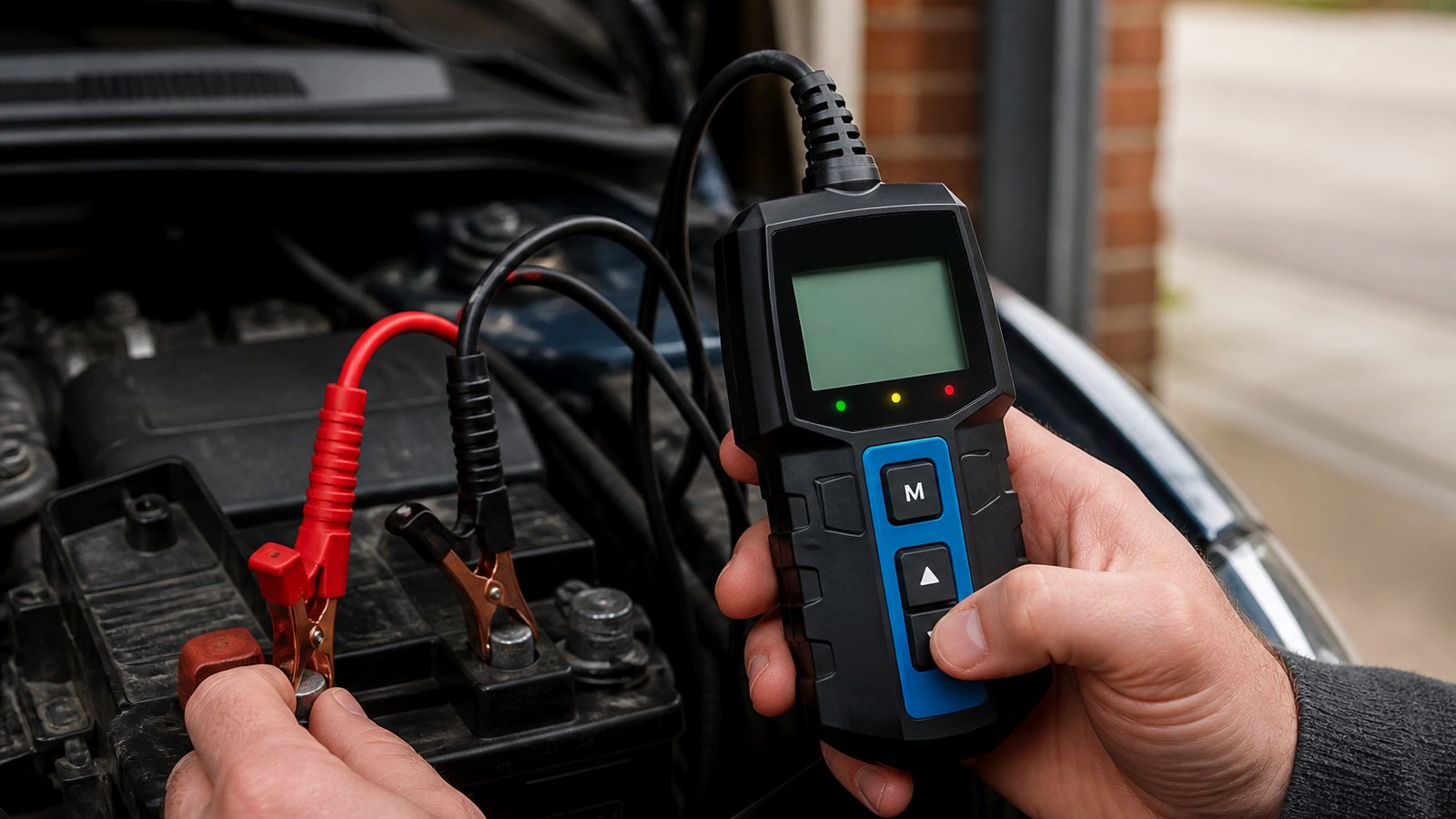 Compact handheld battery analyser on a clean workbench