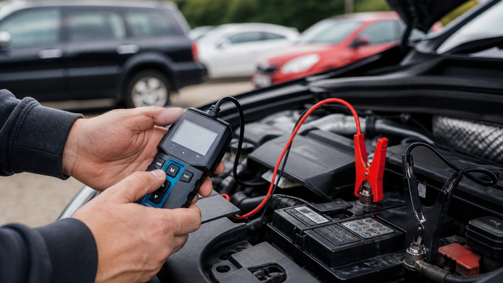 Buyer testing a used-car battery with a handheld analyser