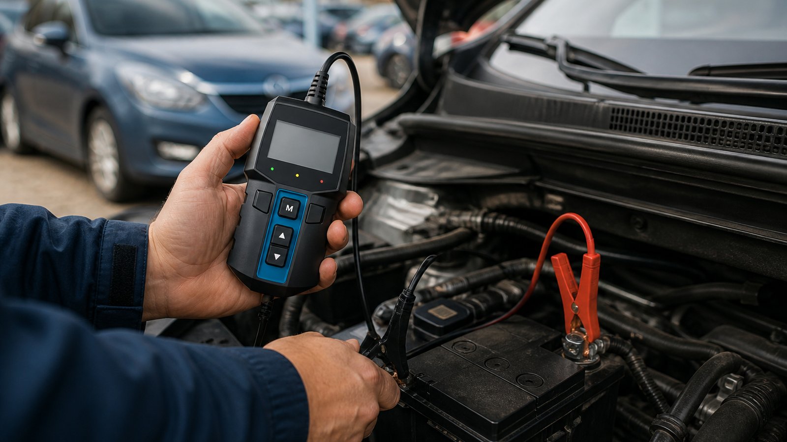 Compact handheld battery analyser on a clean workbench