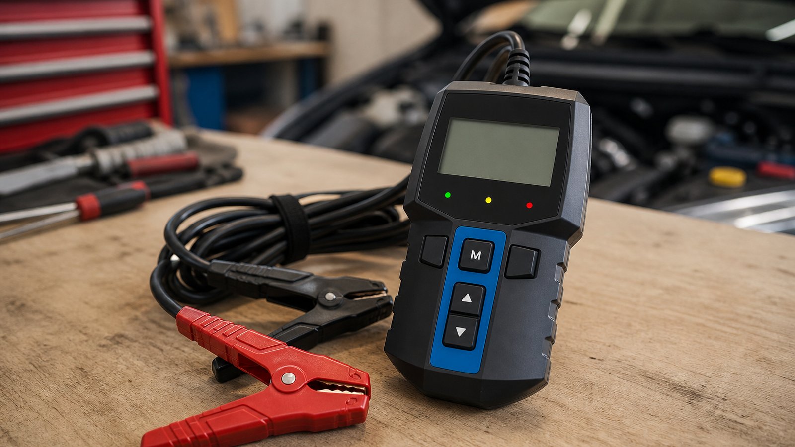 Compact handheld battery analyser on a clean workbench