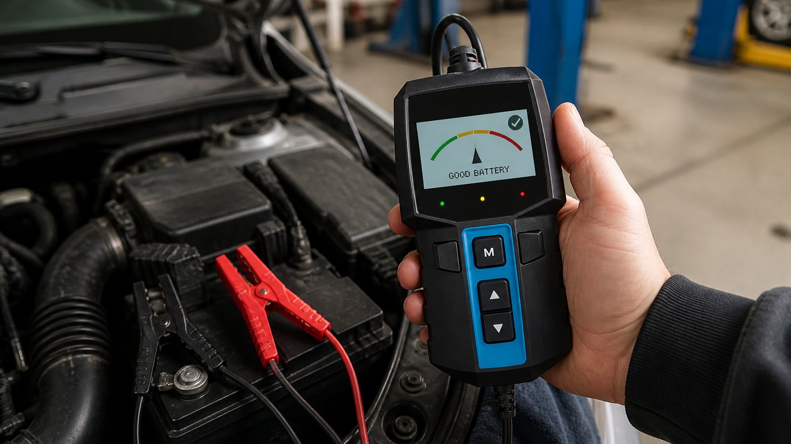Compact handheld battery analyser on a clean workbench