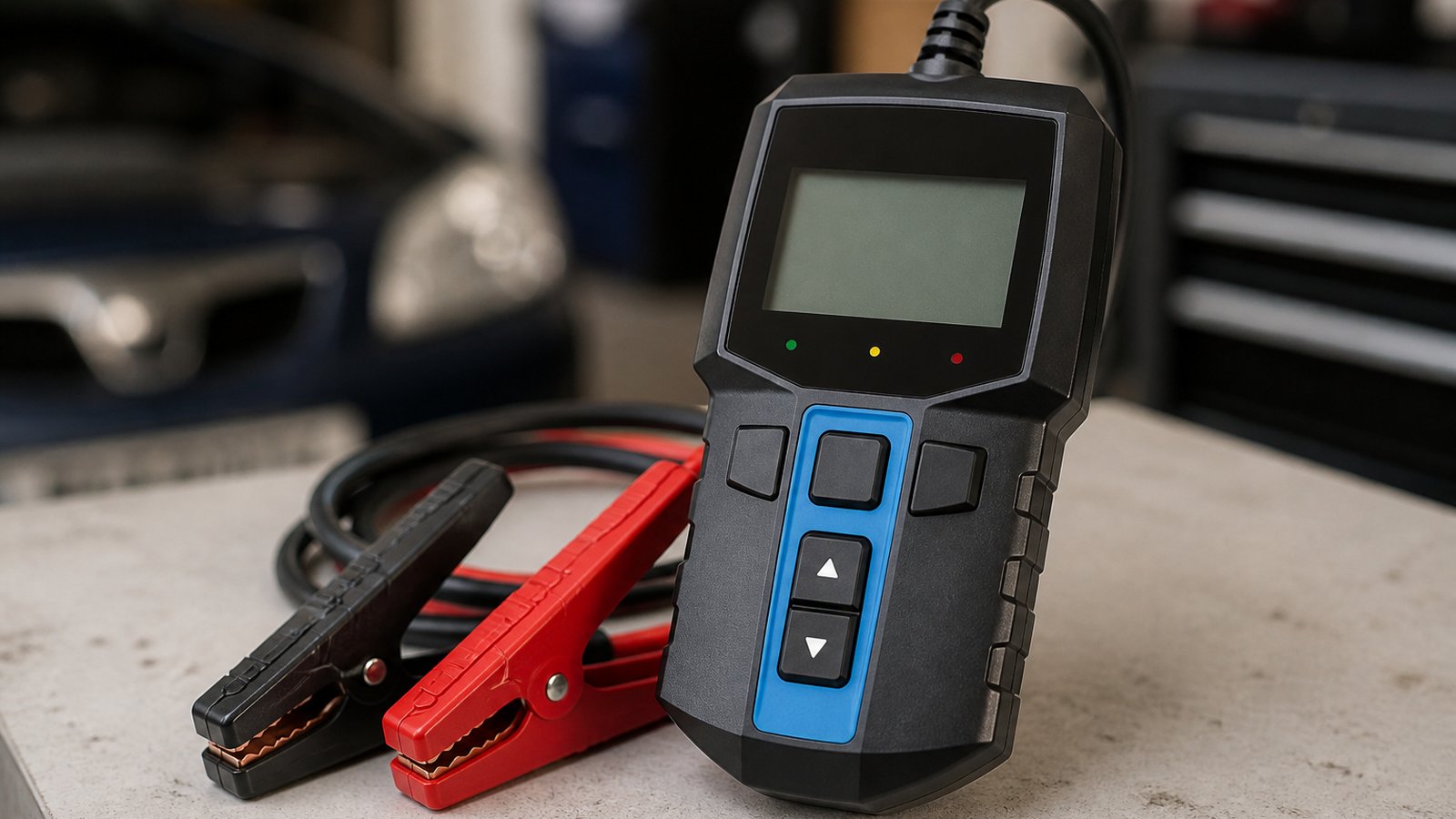 Compact handheld battery analyser on a clean workbench