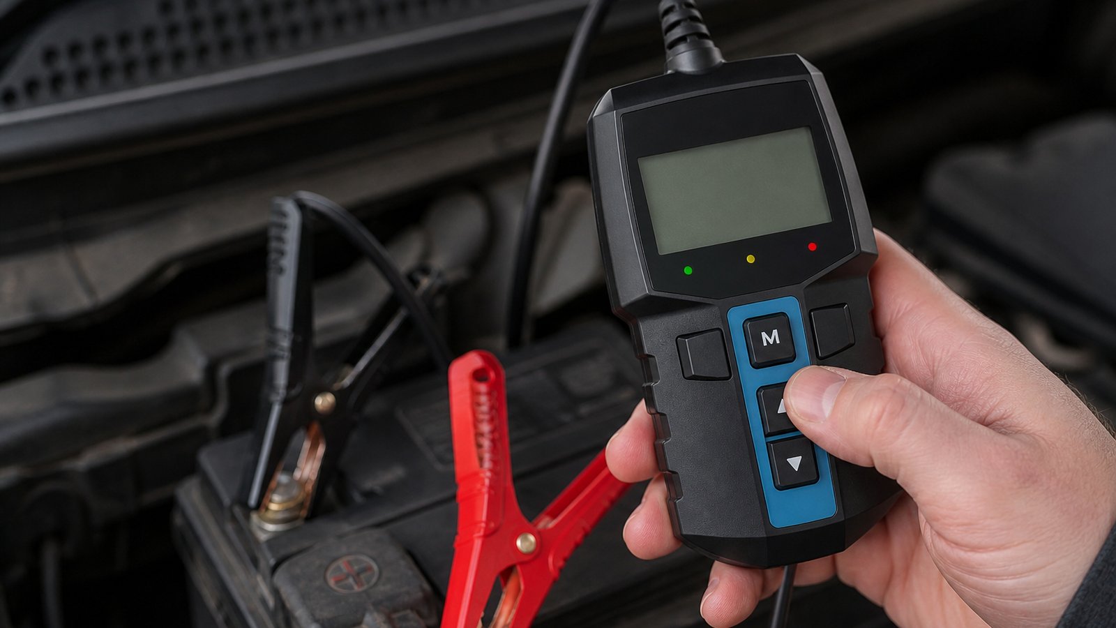 Compact handheld battery analyser on a clean workbench