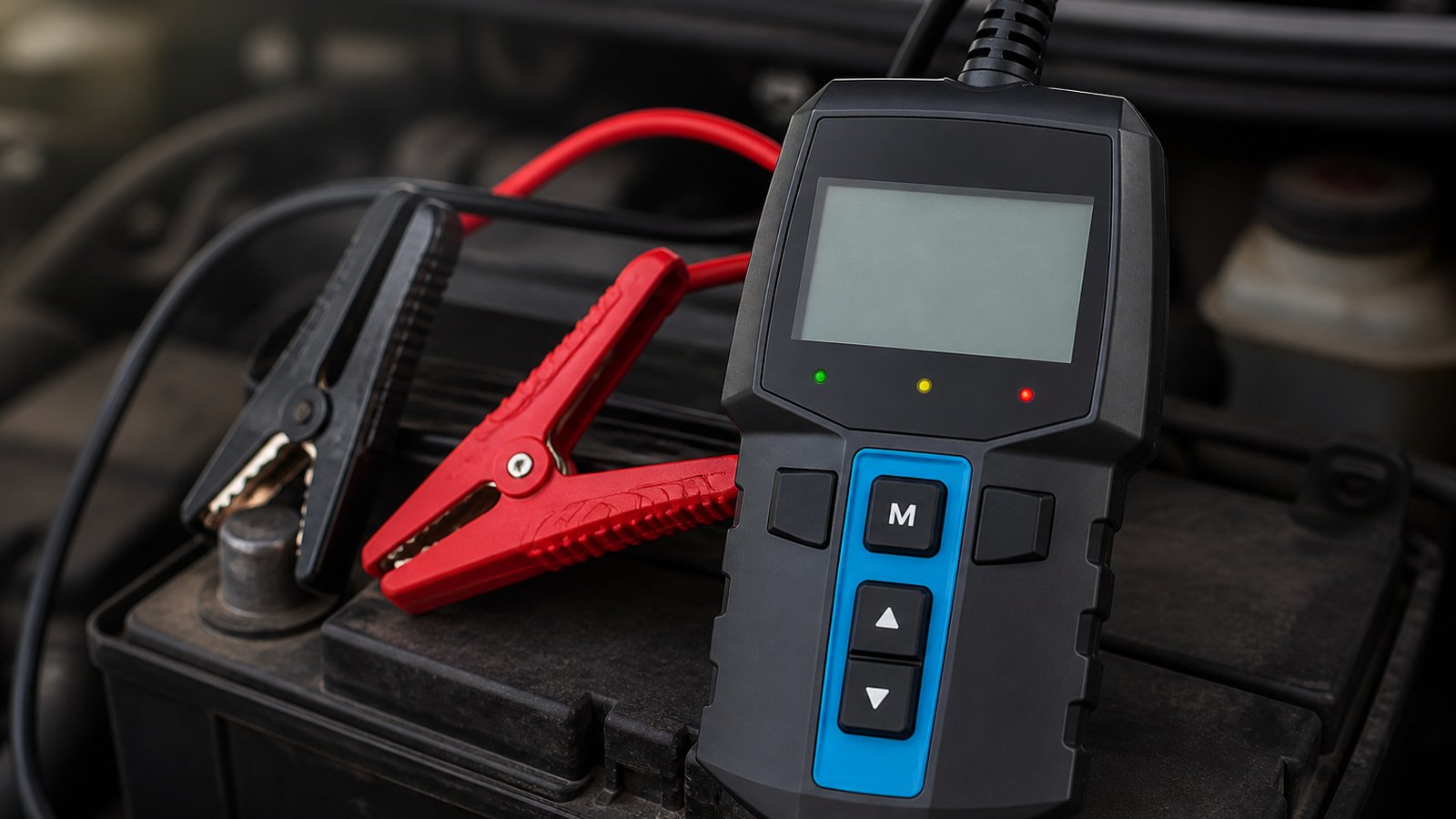 Compact handheld battery analyser on a clean workbench