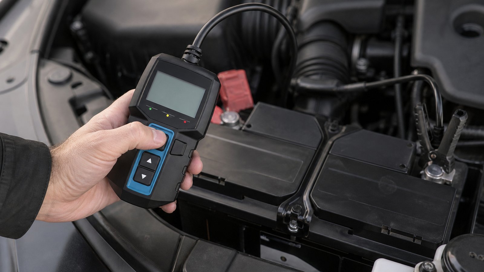 Compact handheld battery analyser on a clean workbench