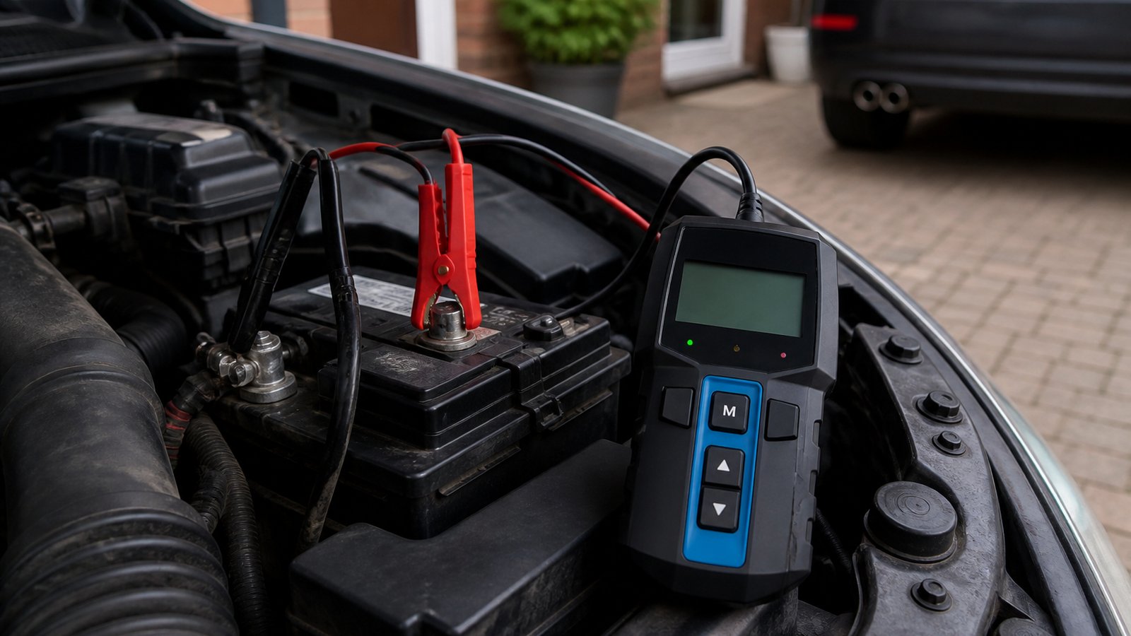 Compact handheld battery analyser on a clean workbench