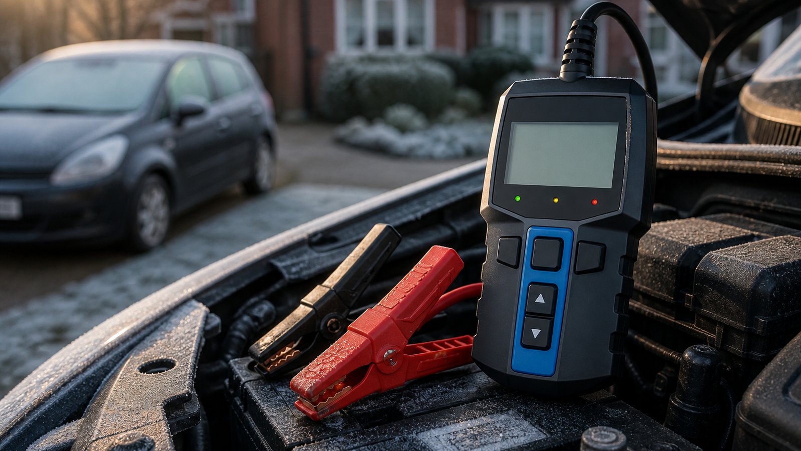 Frosty morning driveway battery health check with analyser