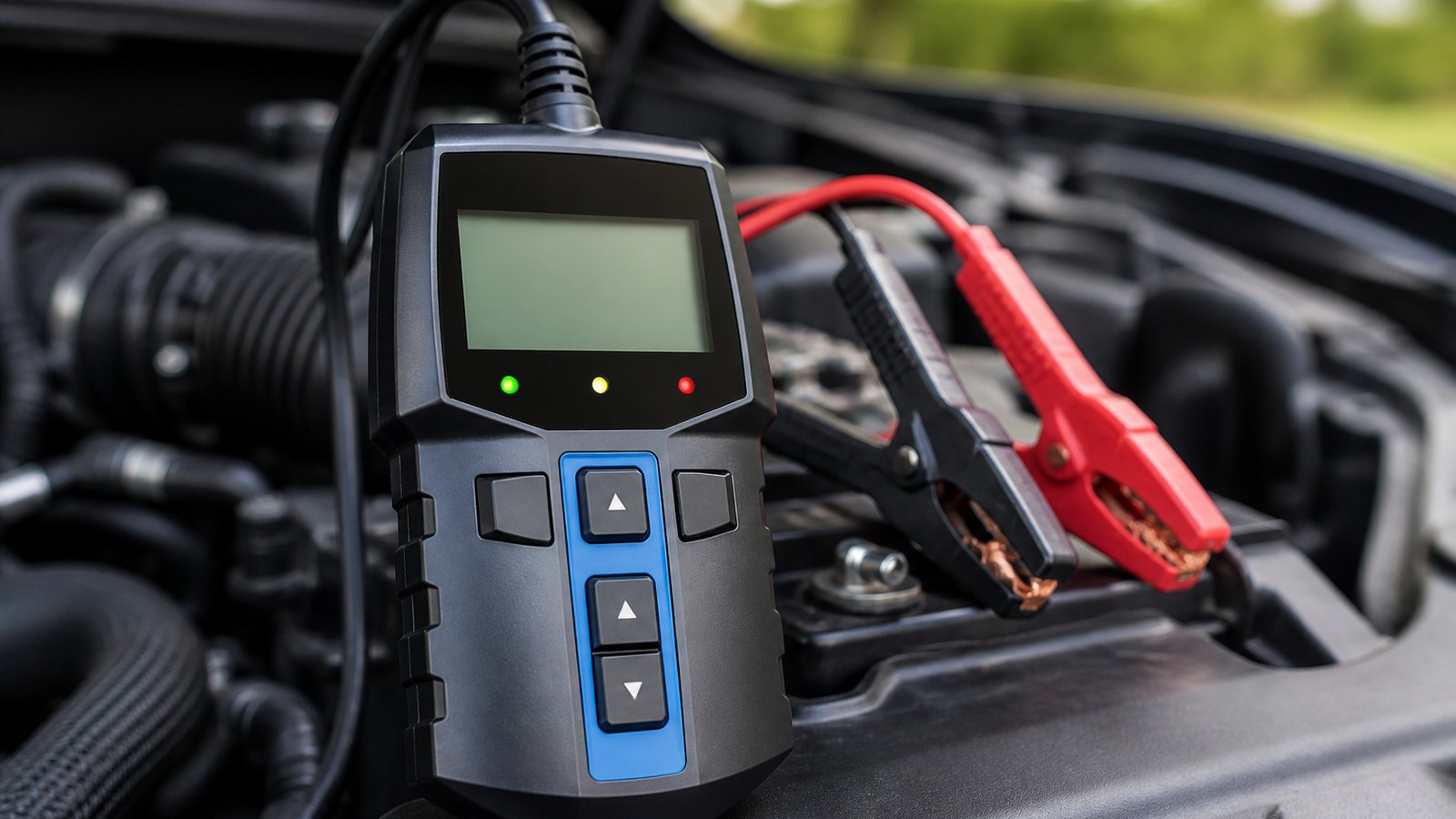 Compact handheld battery analyser on a clean workbench