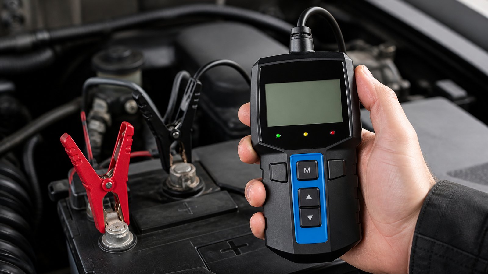 Compact handheld battery analyser on a clean workbench
