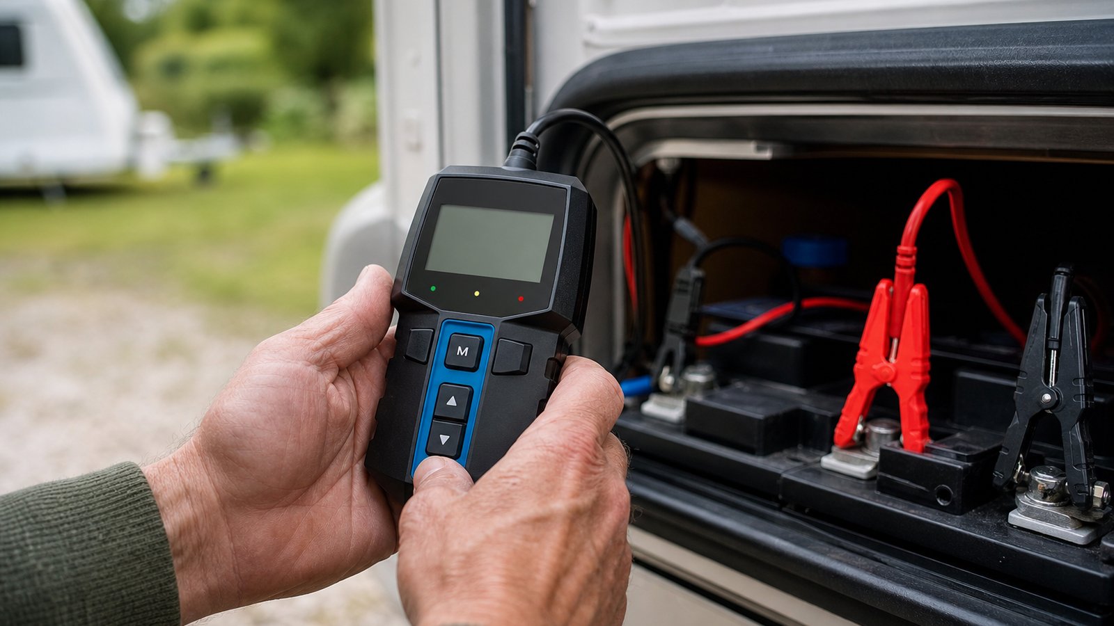 Battery analyser checking leisure packs beside a caravan