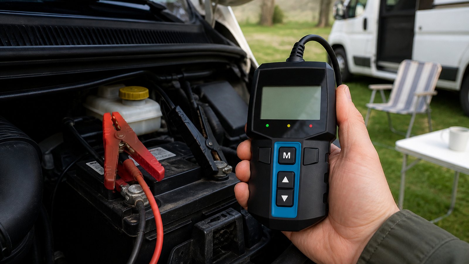 Handheld analyser clamped on a classic car battery