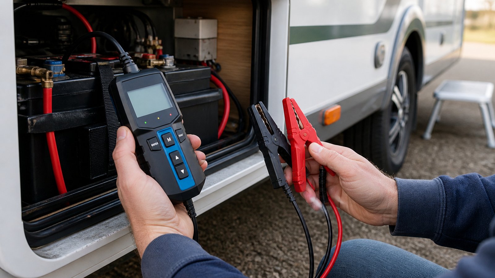 Battery analyser checking leisure packs beside a caravan