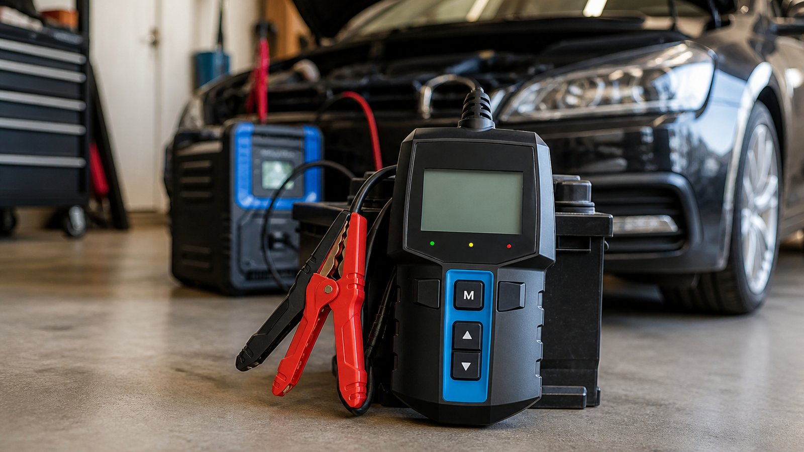 Handheld twelve-volt battery analyser in a UK garage scene