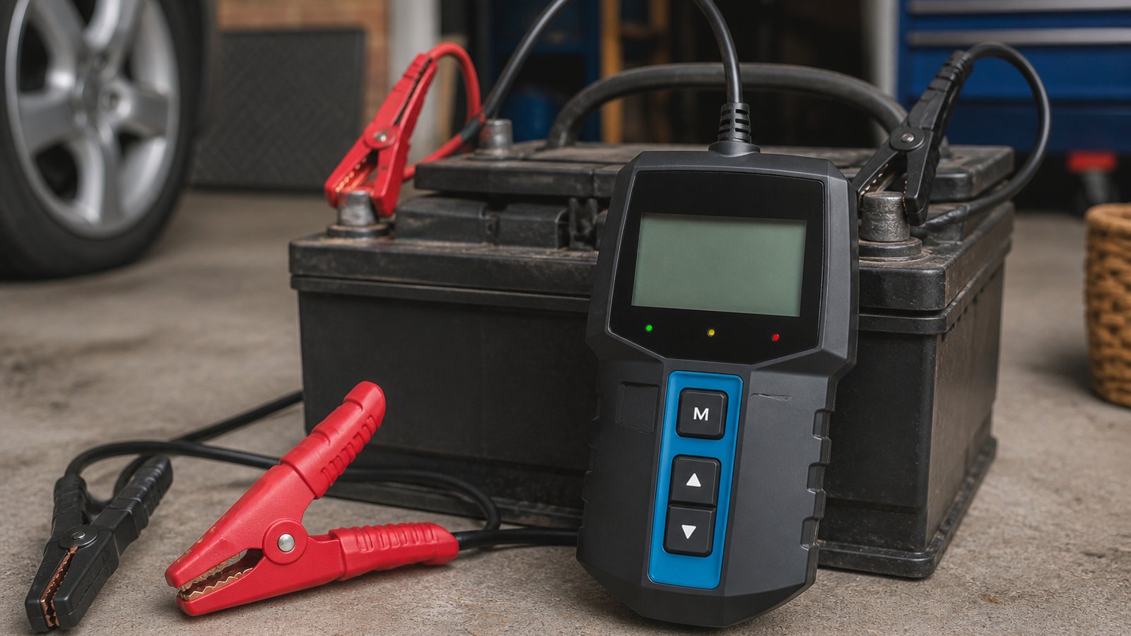 Compact handheld battery analyser on a clean workbench
