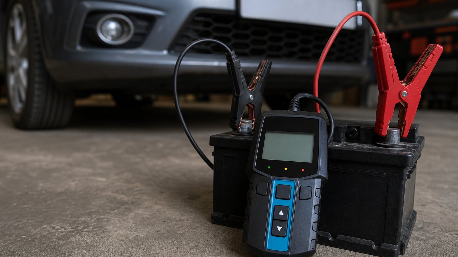 Compact handheld battery analyser on a clean workbench