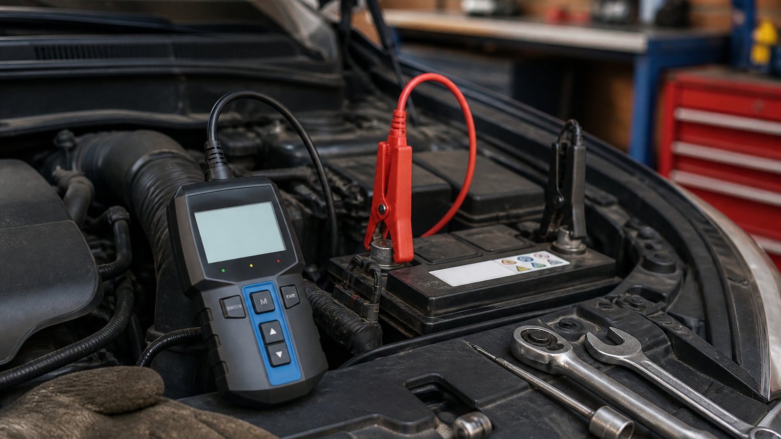 Analyser clamped for a charging-system check under a bonnet