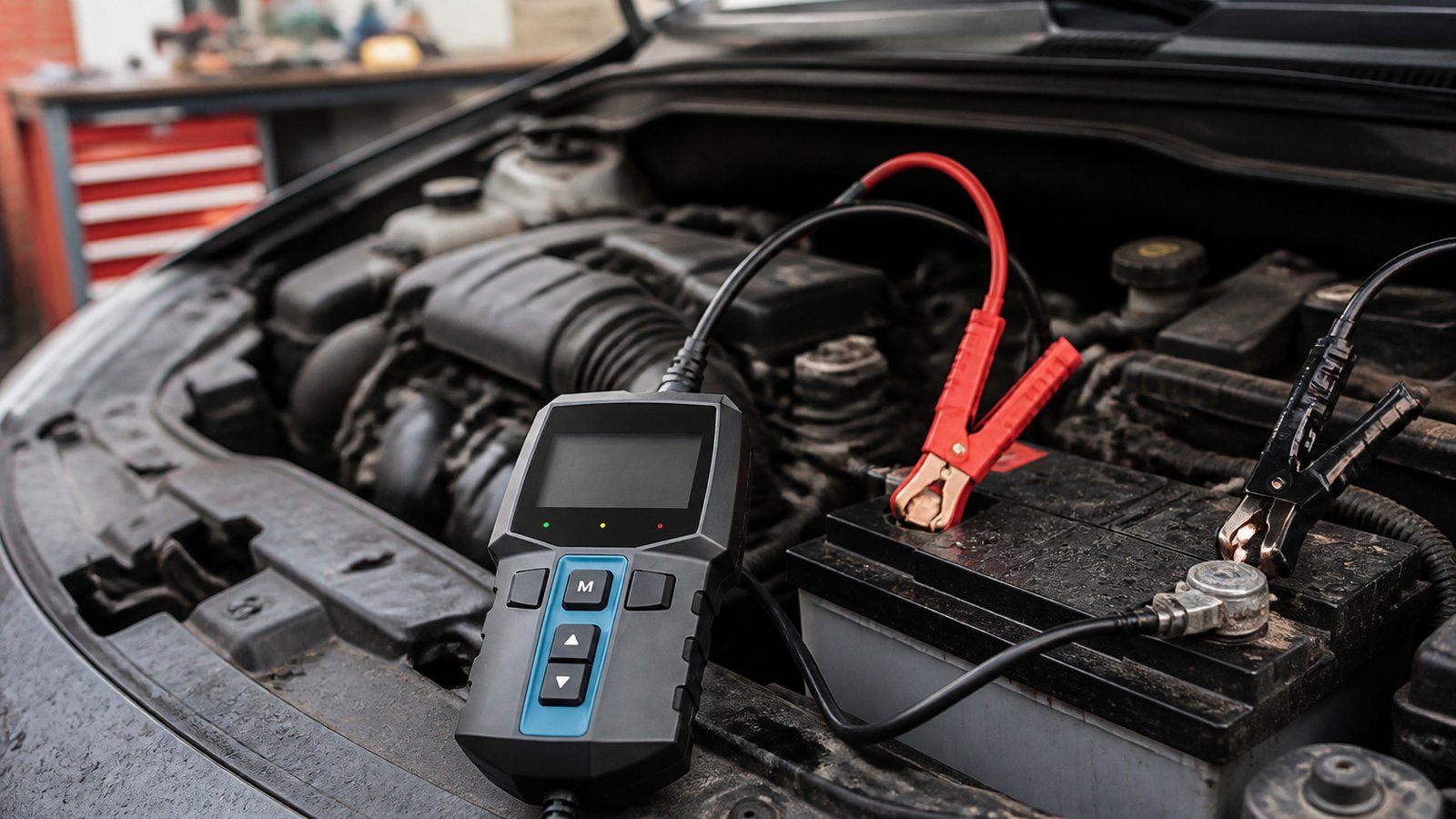 Analyser clamped for a charging-system check under a bonnet