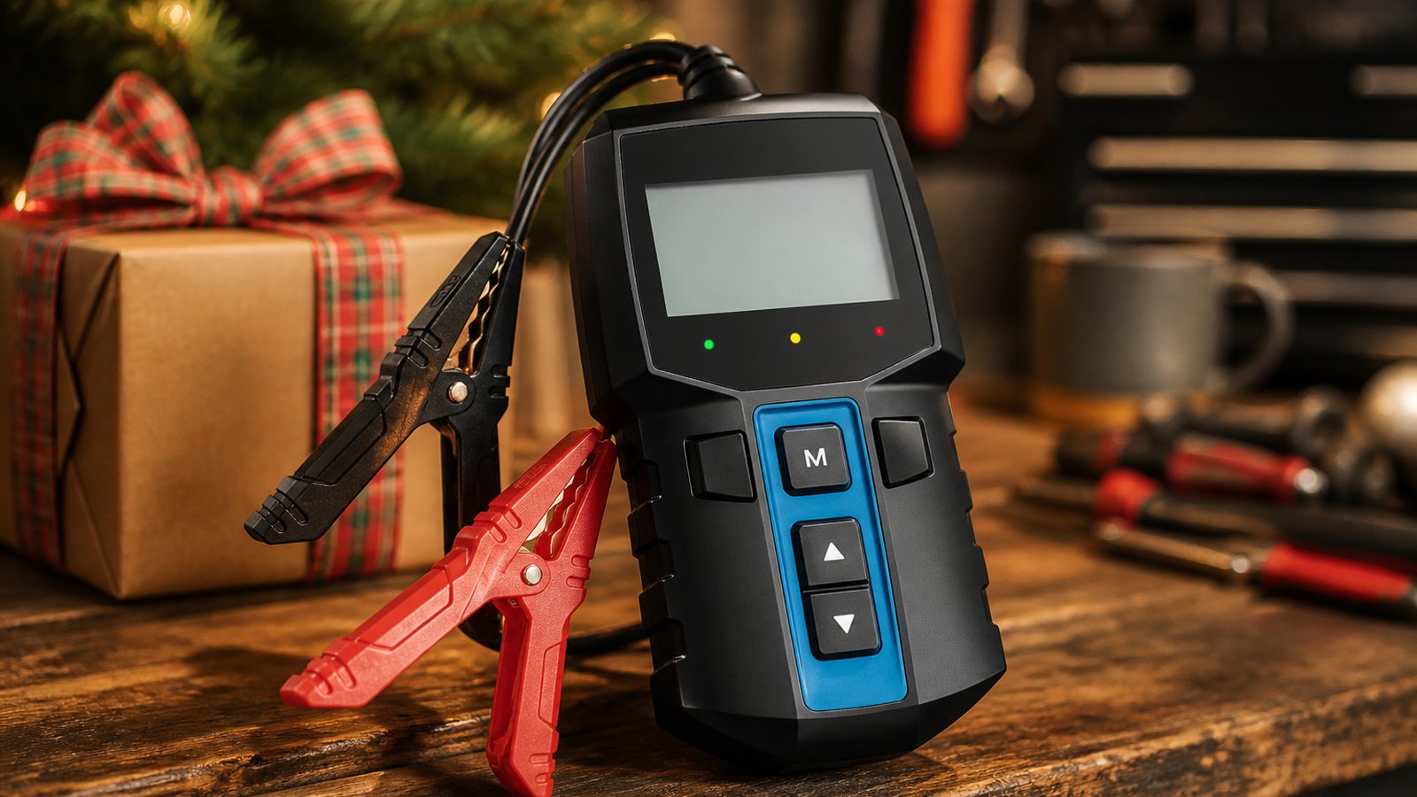 Gift-ready handheld battery analyser on a wooden bench