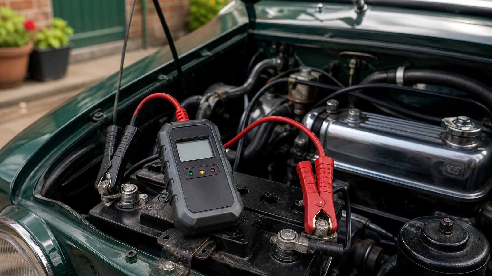 Handheld analyser clamped on a classic car battery
