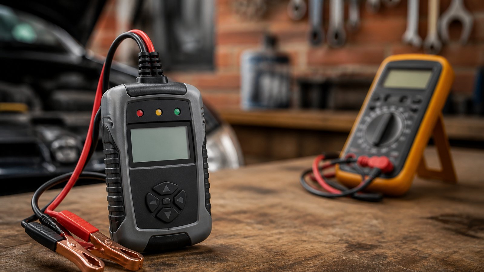 Dedicated battery analyser in focus beside a set-aside meter