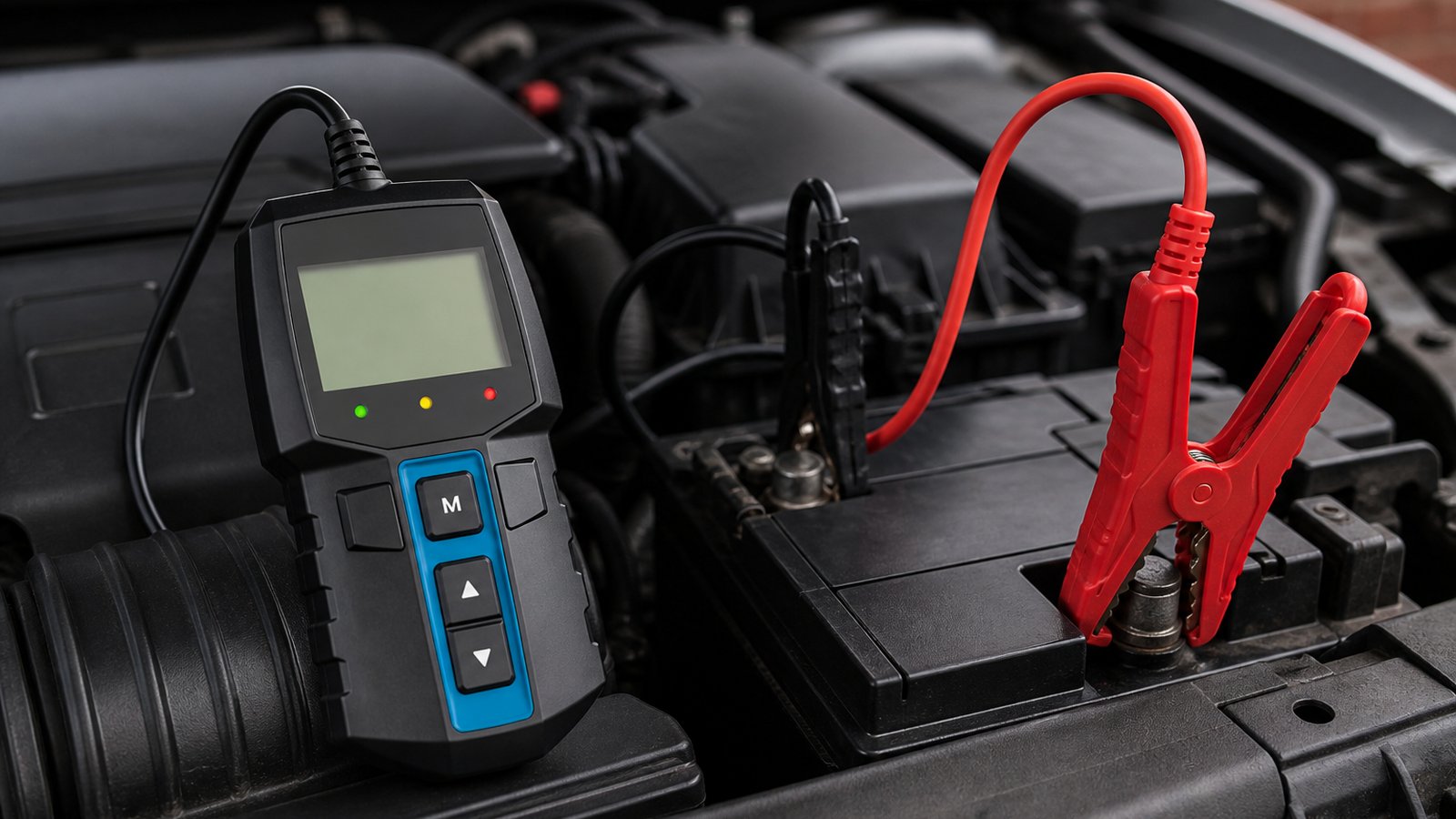 Handheld twelve-volt battery analyser in a UK garage scene