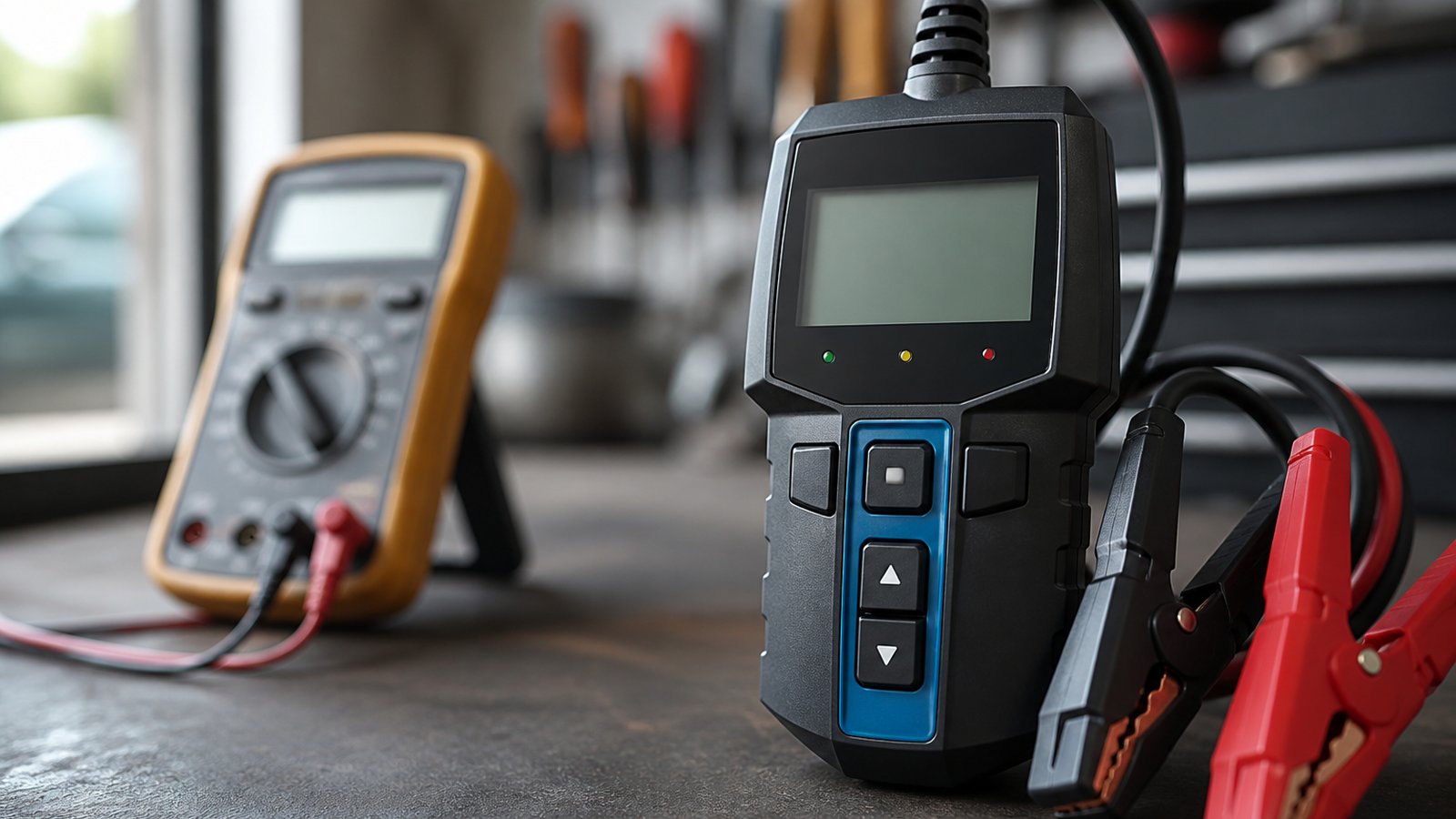 Dedicated battery analyser in focus beside a set-aside meter