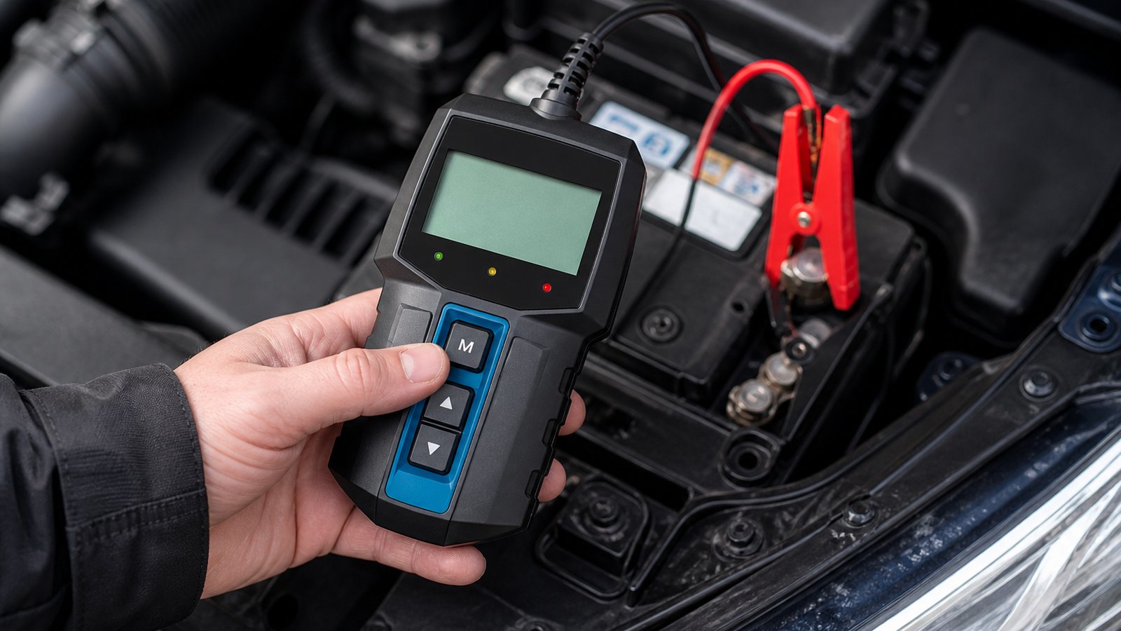 Handheld twelve-volt battery analyser in a UK garage scene