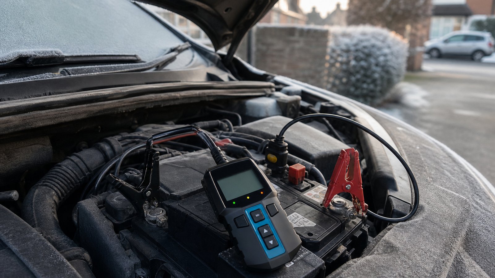 Frosty morning driveway battery health check with analyser