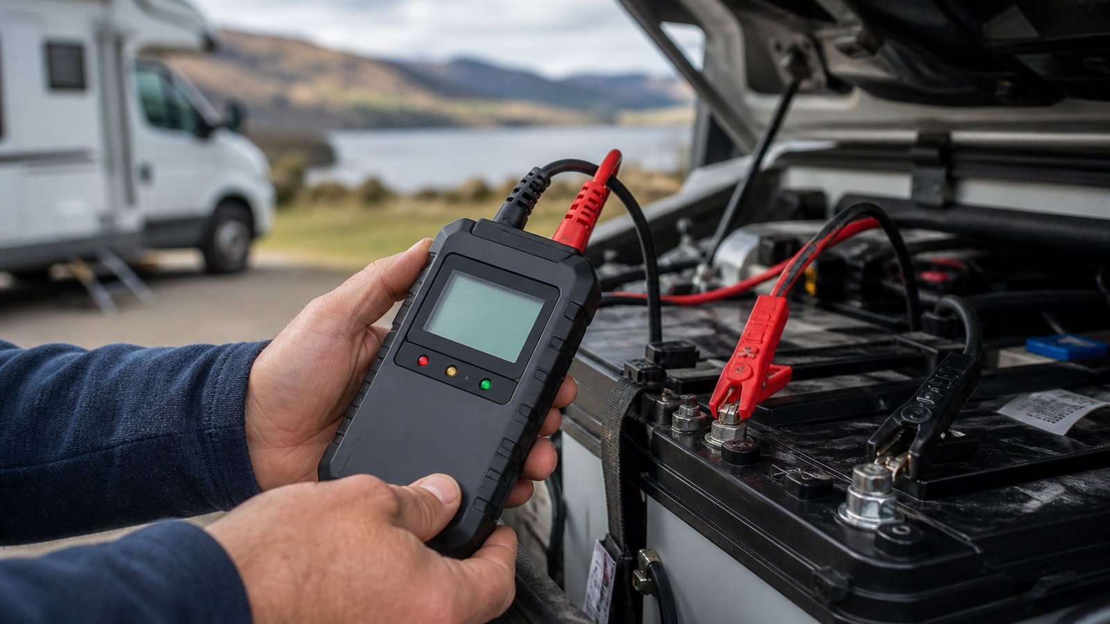 Battery analyser checking leisure packs beside a caravan