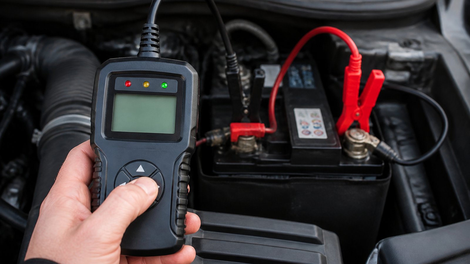 Handheld twelve-volt battery analyser in a UK garage scene