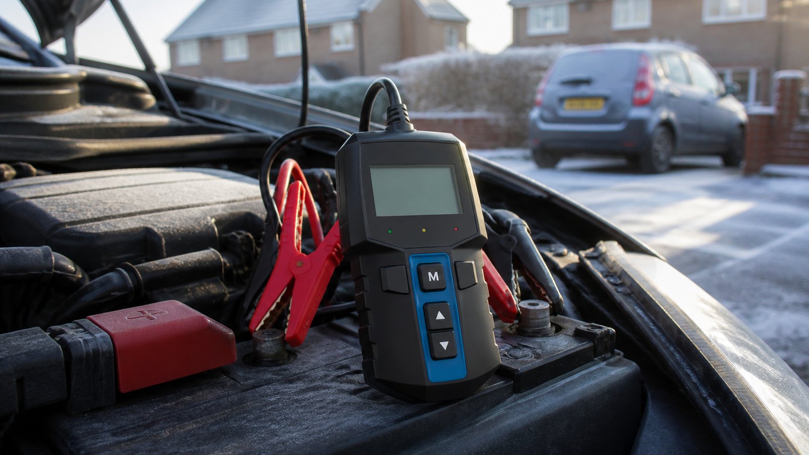 Frosty morning driveway battery health check with analyser