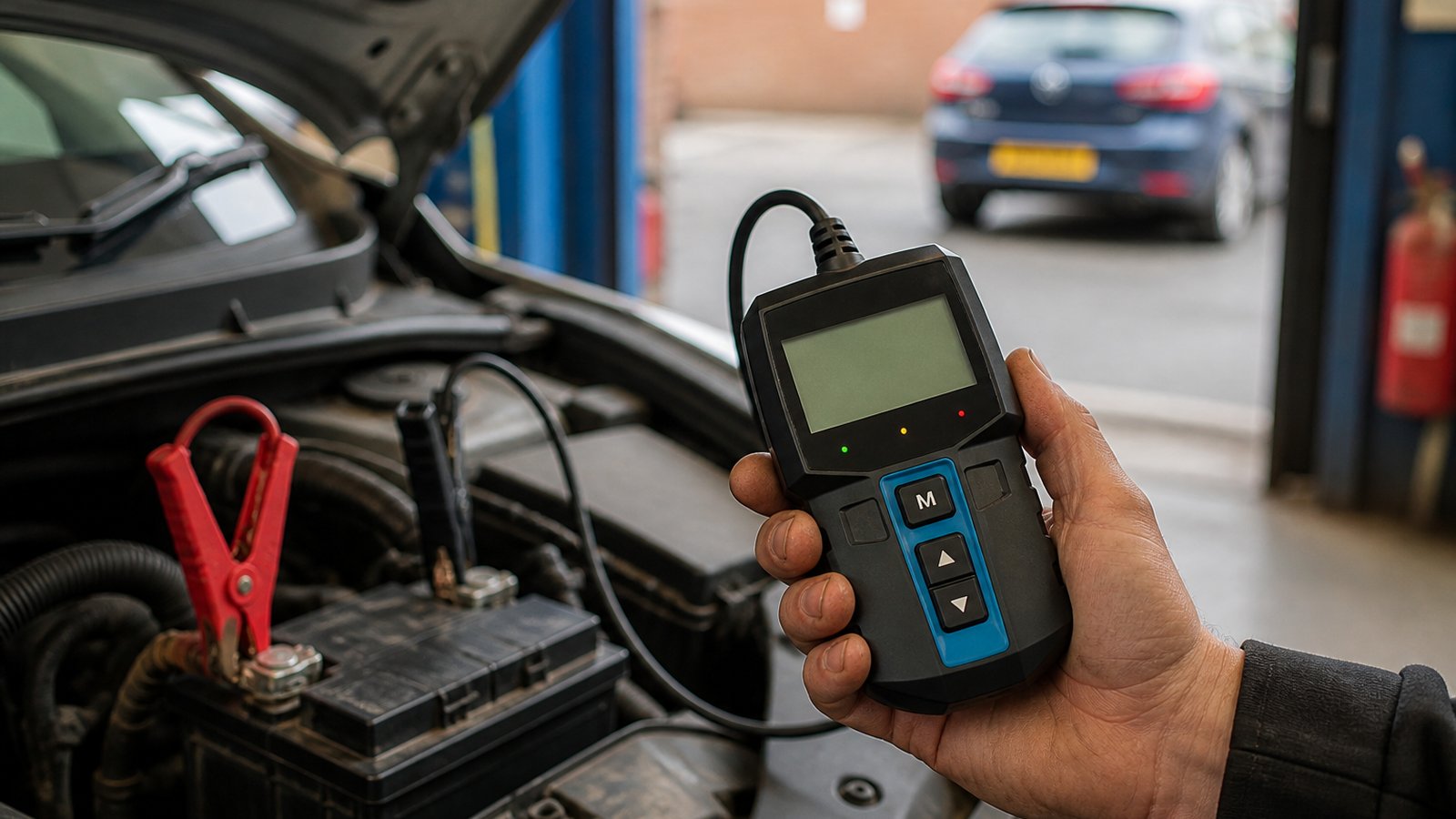 Handheld twelve-volt battery analyser in a UK garage scene