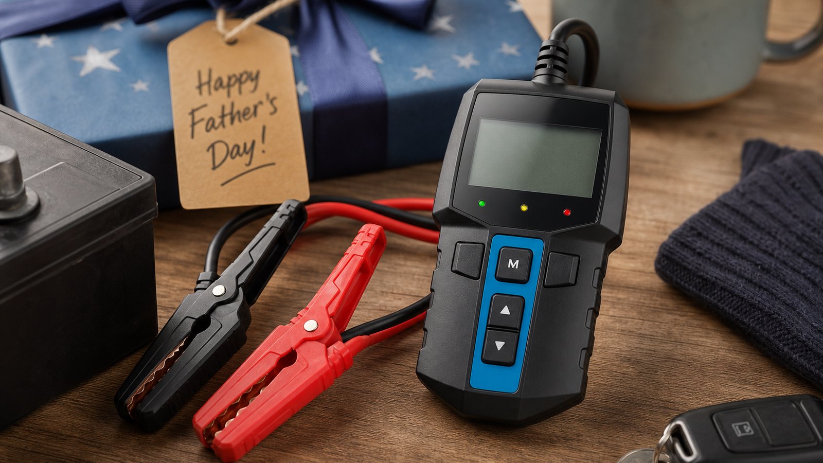 Gift-ready handheld battery analyser on a wooden bench
