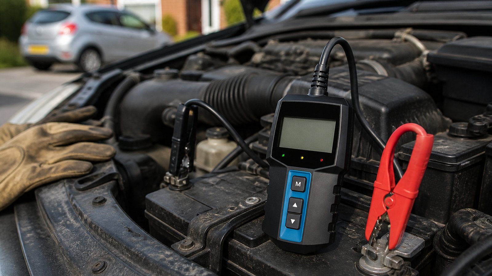 Battery tester clamped after a driveway jump start