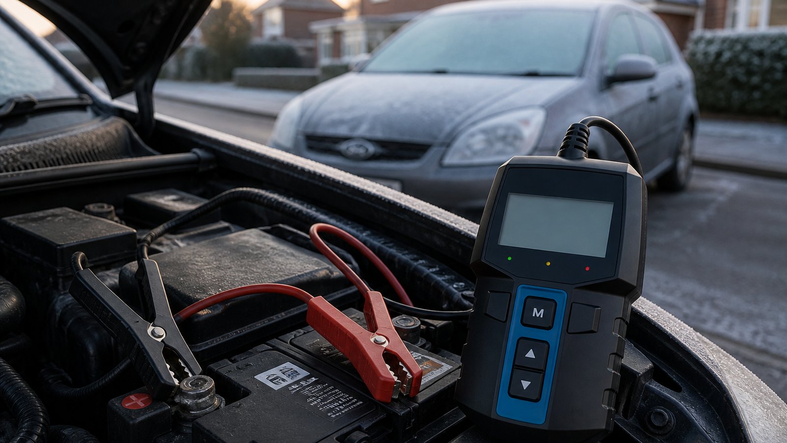 Frosty morning driveway battery health check with analyser