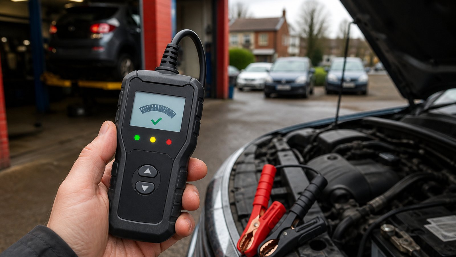Handheld twelve-volt battery analyser in a UK garage scene