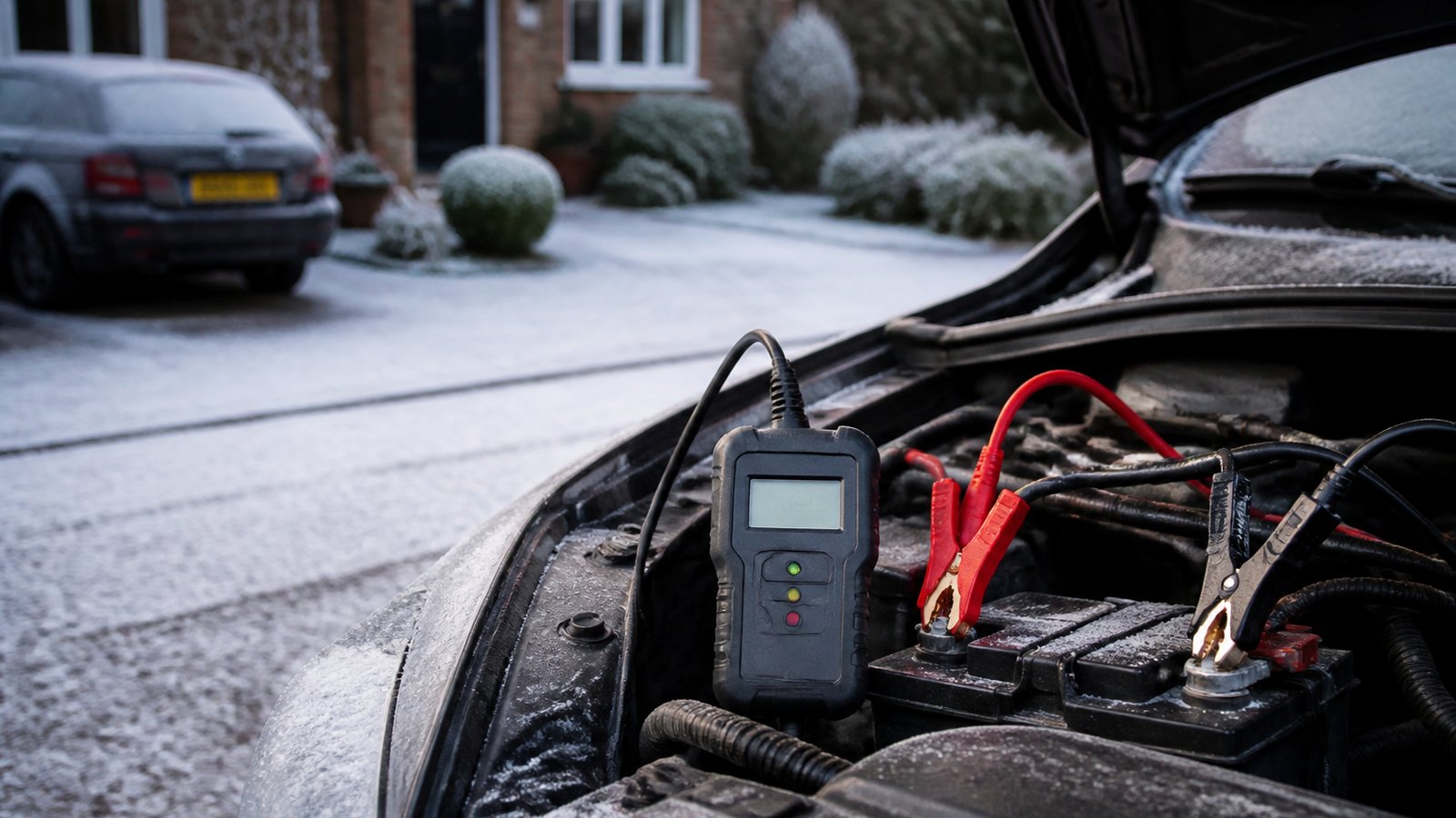 Frosty morning driveway battery health check with analyser