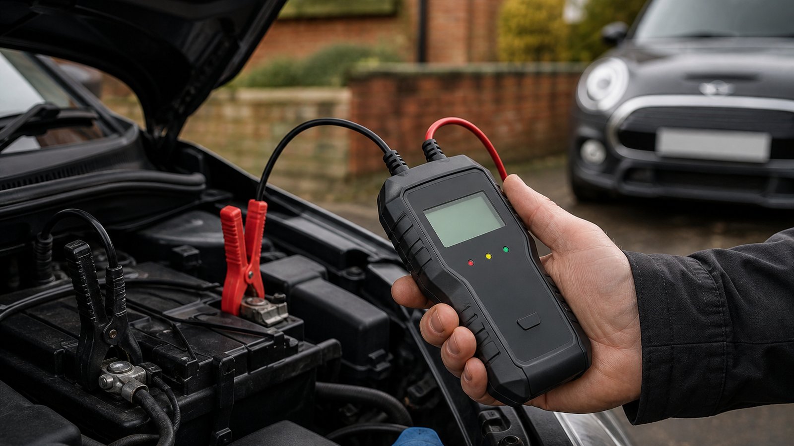 Battery tester clamped after a driveway jump start