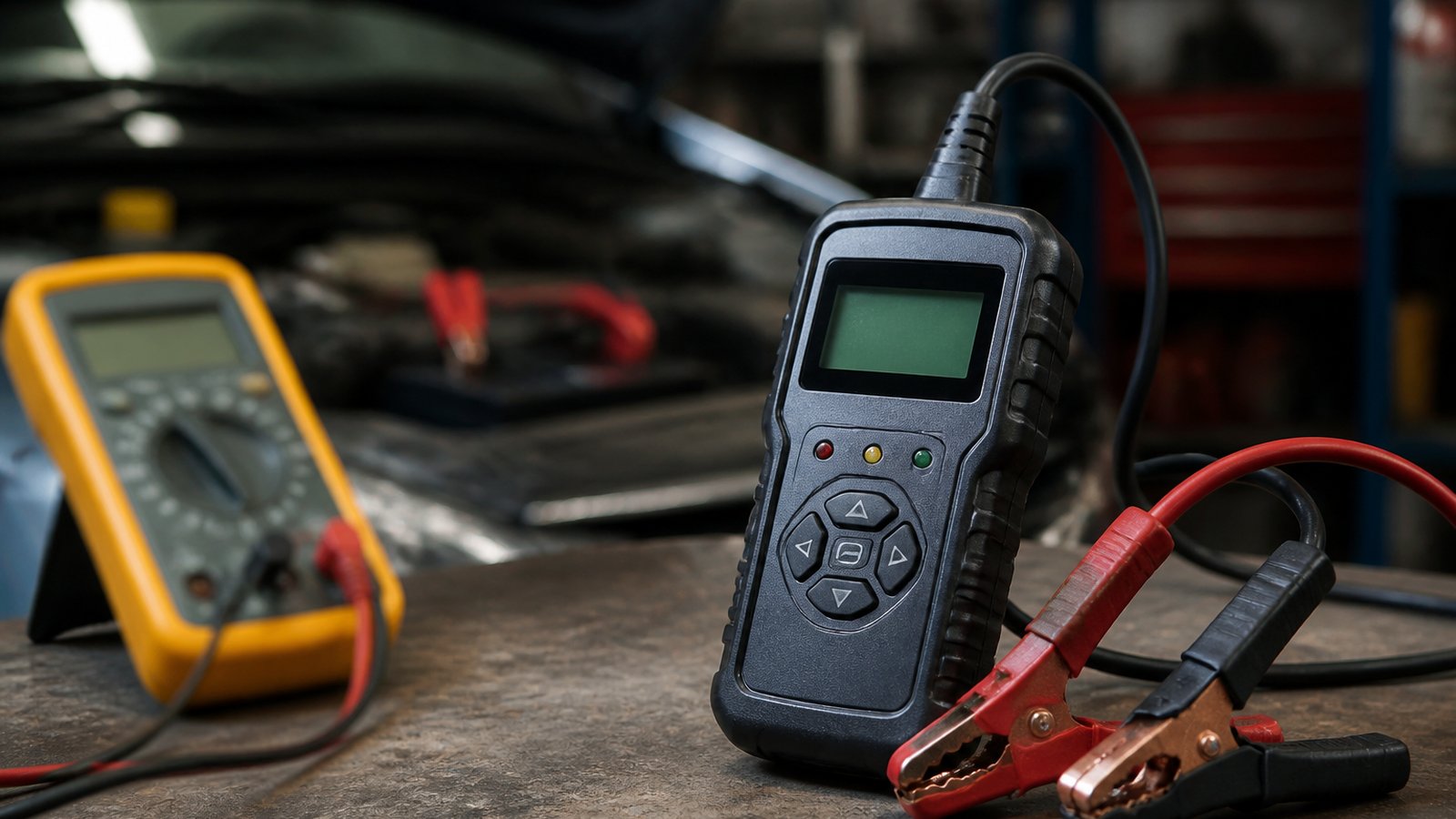 Dedicated battery analyser in focus beside a set-aside meter