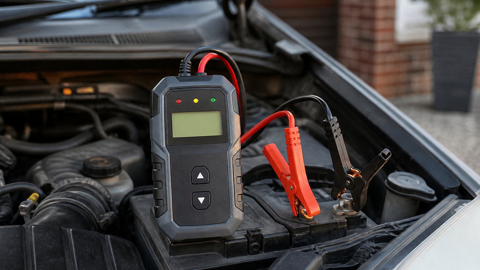 Handheld twelve-volt battery analyser in a UK garage scene